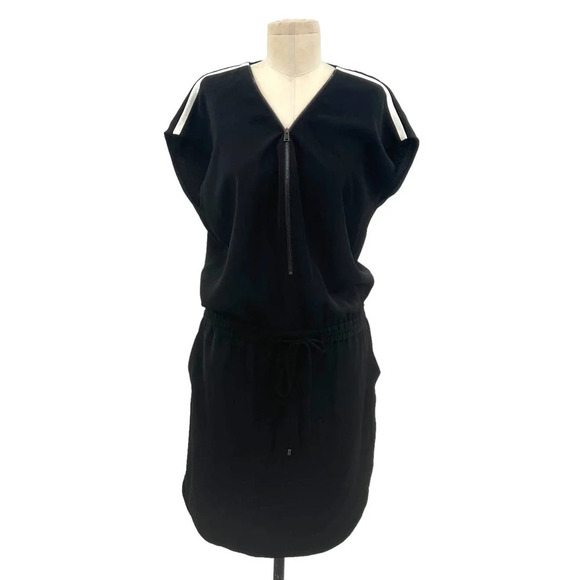 Vince Contrast Trim Zipper V-Neck Drawstring Dress Black Size Small - Picture 2 of 11